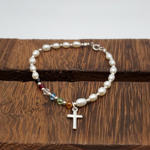 7 Inch 925 Sterling Silver Cross Charm Pearl And Crystal Bracelet - Picture 1 of 6